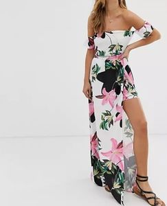 Parisian off shoulder maxi dress in white floral print size 2